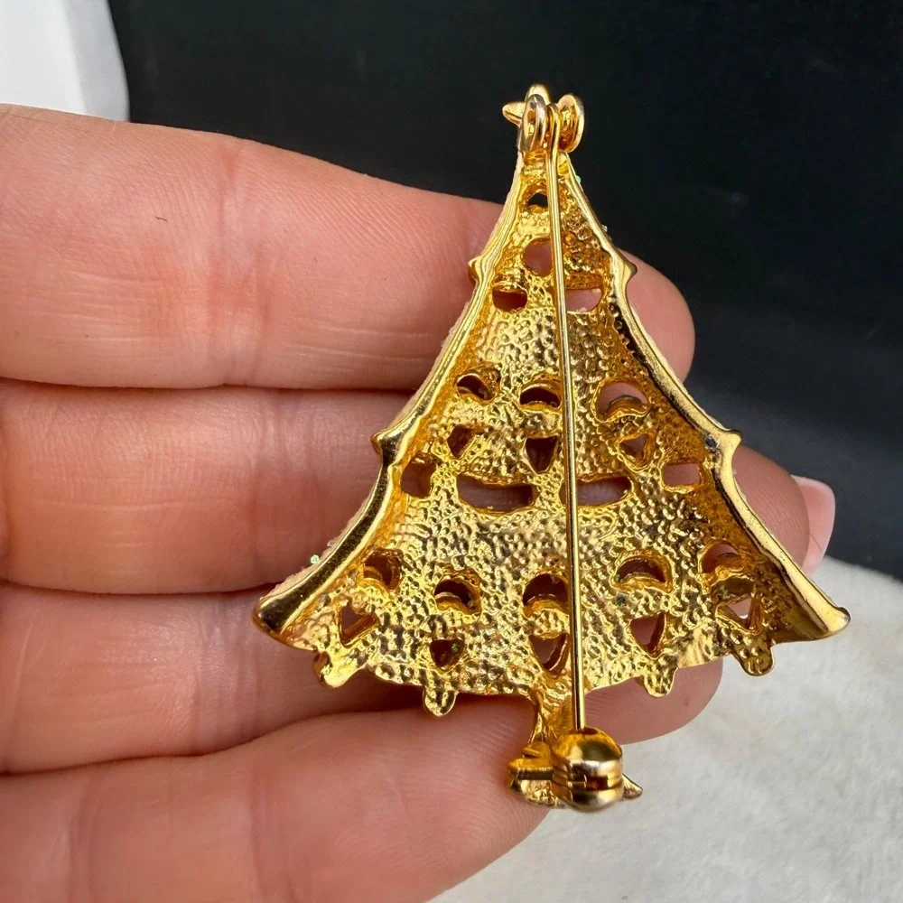Vintage Christmas Tree Brooch Gold Tone Glitter Rhinestone